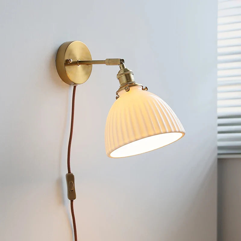 Helnys Nordic Ceramic LED Wall Sconce with Switch for Bedroom Living Room