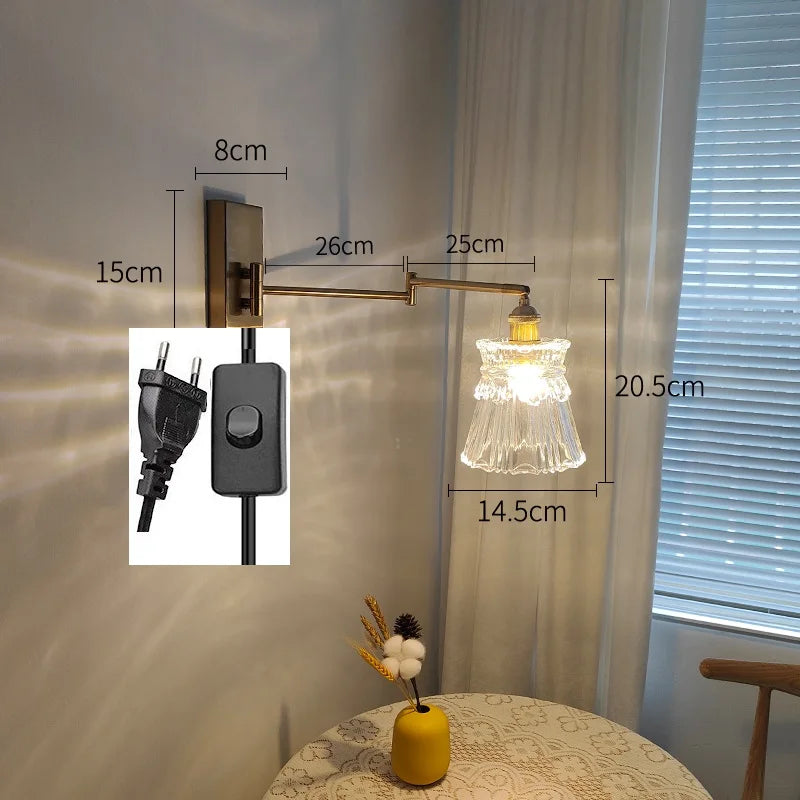 Helnys Glass LED Wall Sconce Adjustable Arm Bedroom Living Room Lamp