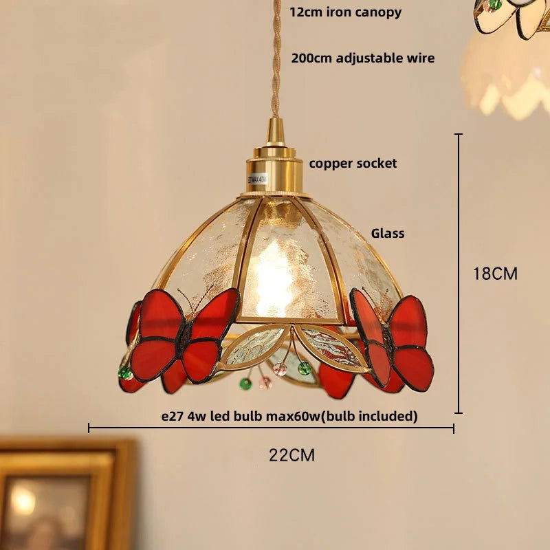 Helnys Butterfly Pink LED Pendant Lamp, Nordic Modern Walnut Wood Glass Hanging Light