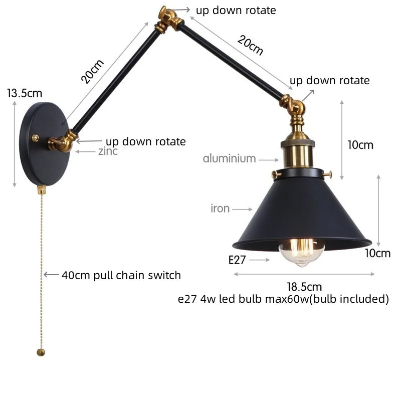 Helnys Vintage Iron LED Wall Lamp with Pull Chain Switch
