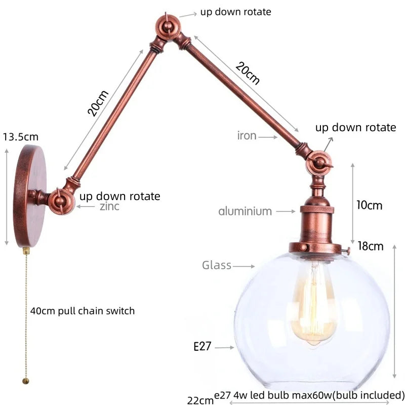 Helnys Vintage Swing Arm Wall Lights with Pull Chain Switch and Glass Ball