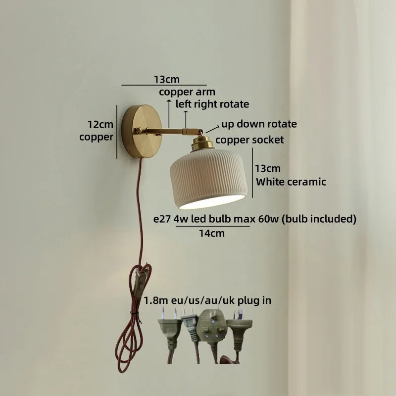 Helnys LED Wall Lamp Bedroom Gold Swing Arm Ceramic Light