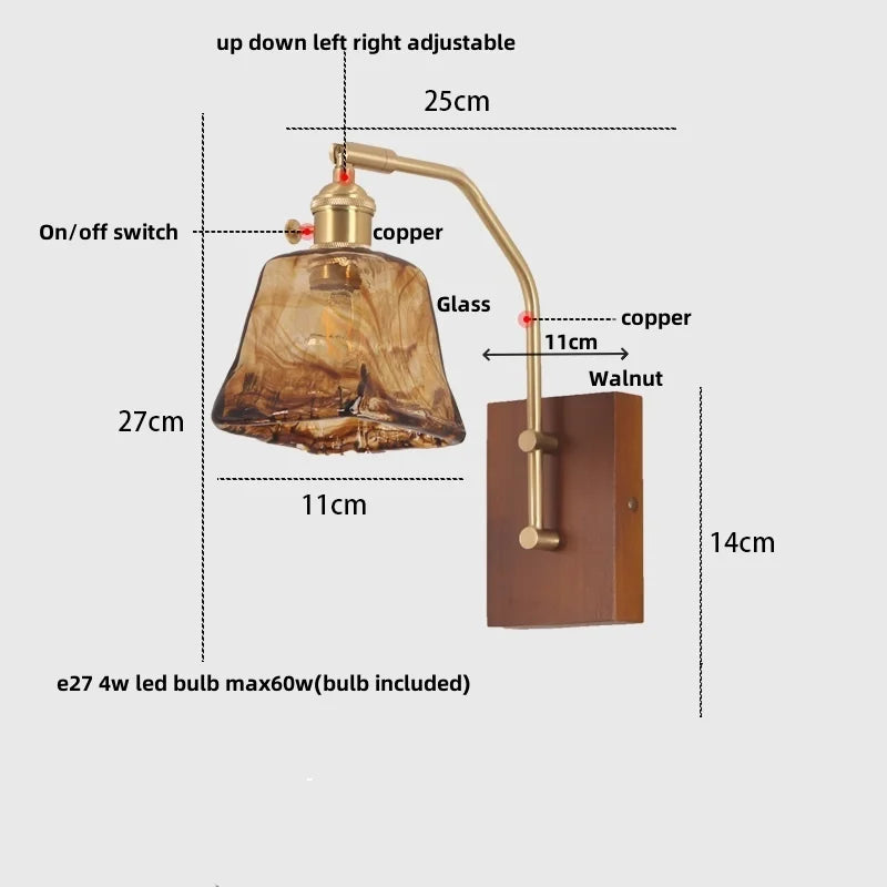 Helnys LED Glass & Wood Wall Lamp with Pull Chain Switch for Living Room