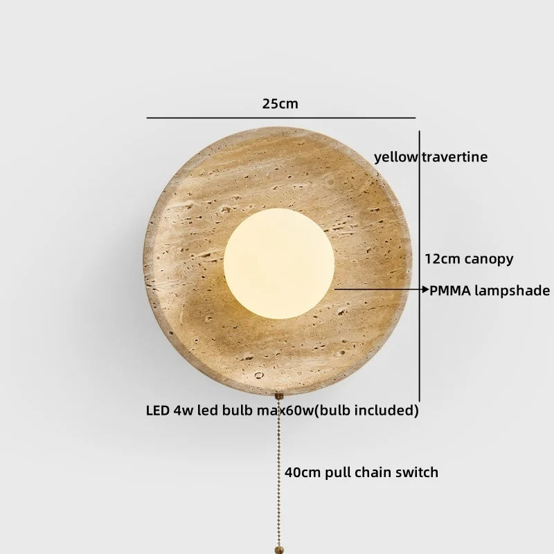 Helnys Round LED Wall Lamp Yellow Travertine Wood Modern Nordic Light
