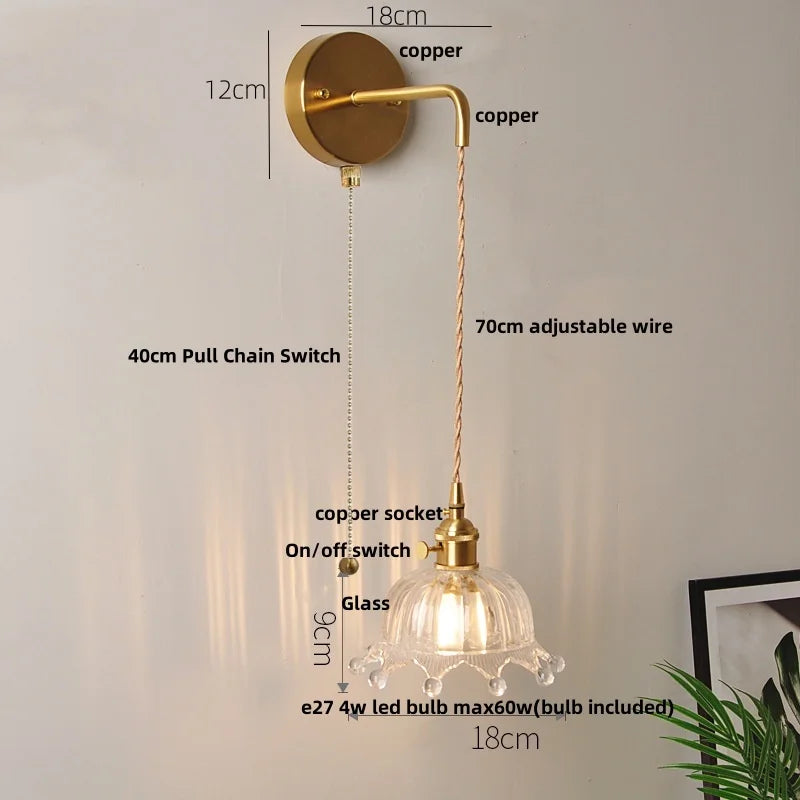 Helnys Clear Glass LED Wall Lights with Pull Chain Switch