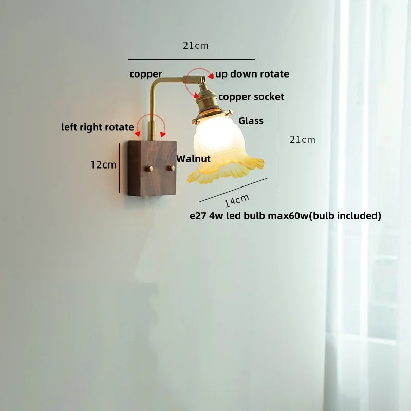 Helnys Brass Walnut Wood LED Wall Sconce Rotatable Glass Stair Light