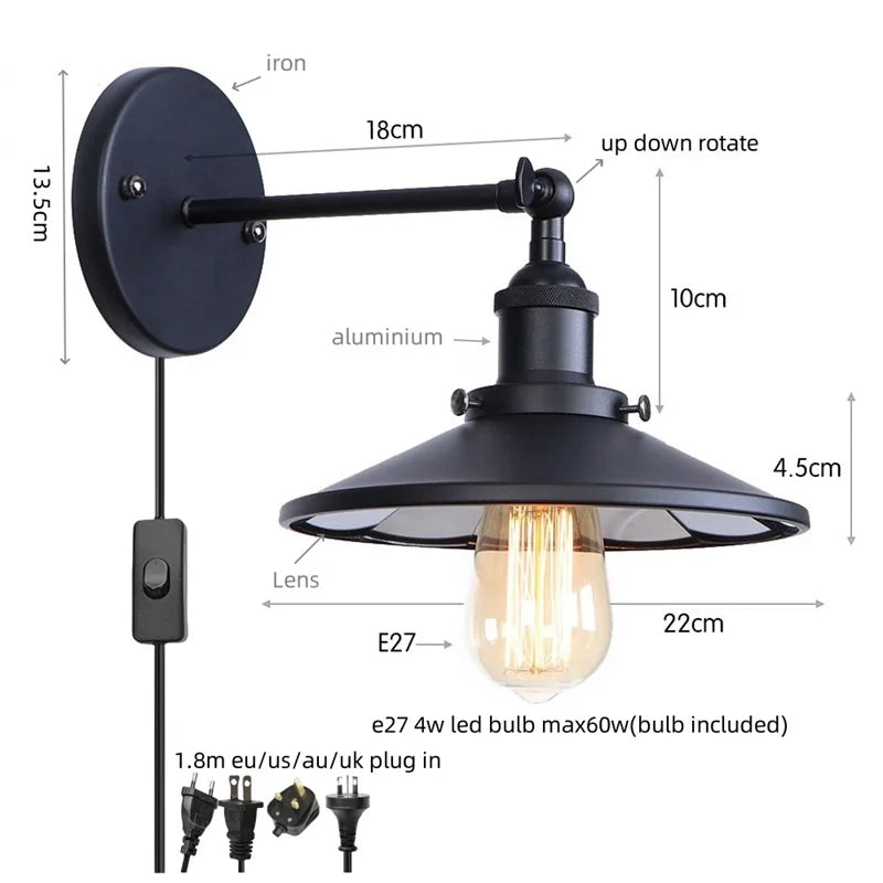 Helnys Vintage LED Pull Chain Wall Lights Lens Stair Reading Bedside Lamp Iron Lightings