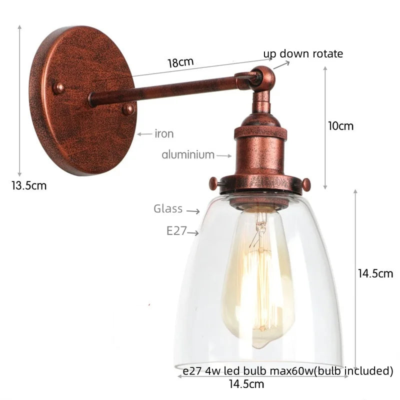 Helnys Gold LED Wall Light with Pull Chain Switch - Industrial Vintage Style