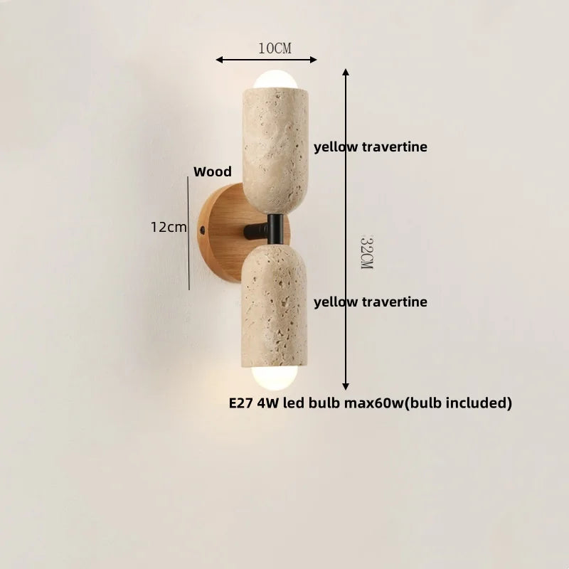 Helnys LED Wall Light Fixture Modern Nordic Design 2 Yellow Travertine Stone Wood Bedside Lamp
