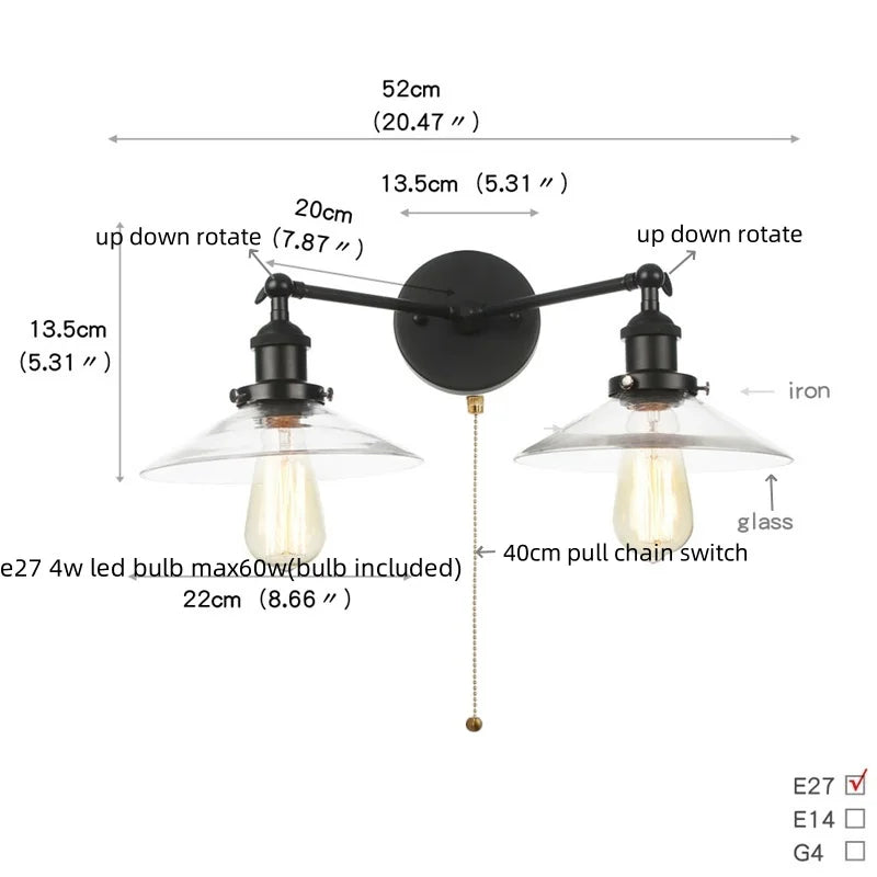 Helnys Industrial LED Wall Light with White Glass, Pull Chain Switch, 2 Heads