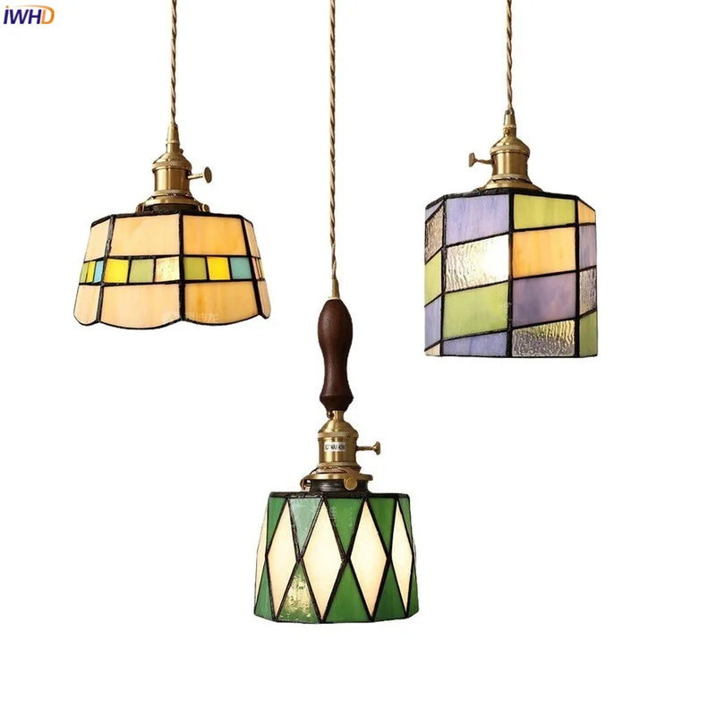 Helnys Vintage Europe Style LED Pendant Light with Wood, Copper, Glass Lampshade