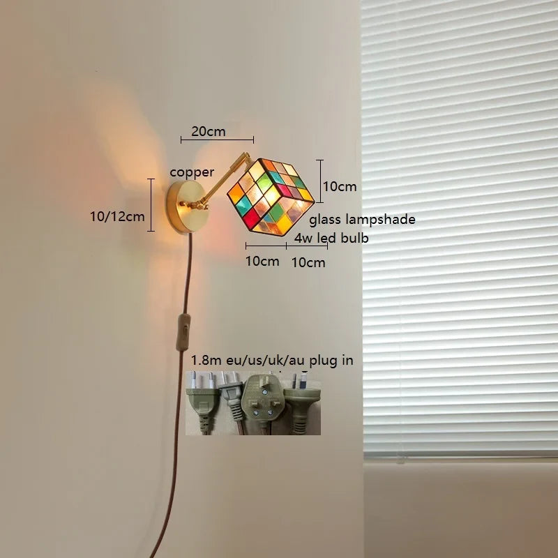 Helnys Colorful Glass LED Wall Lamp Sconce with Pull Chain Switch