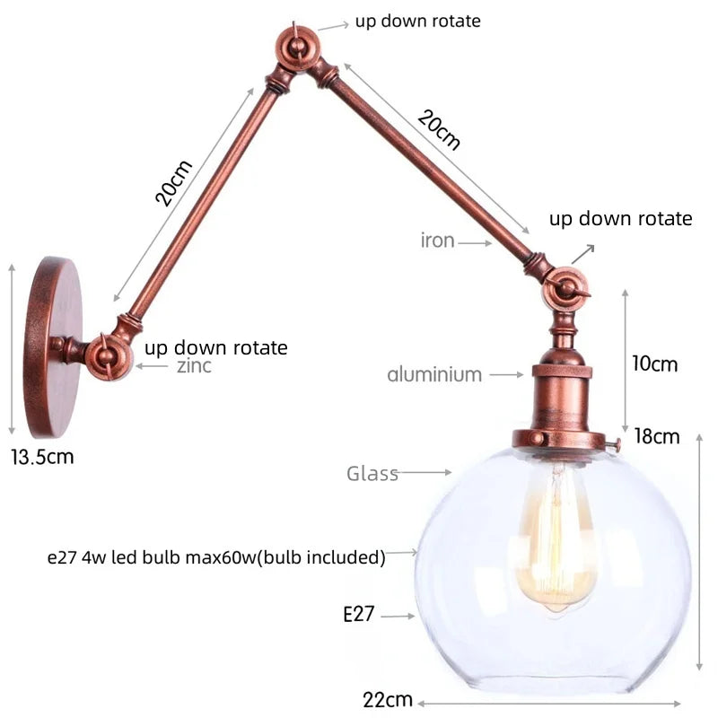 Helnys Vintage Swing Arm Wall Lights with Pull Chain Switch and Glass Ball