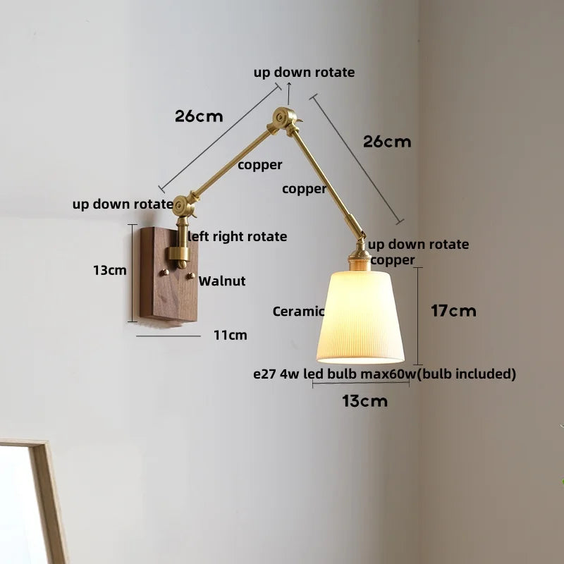 Helnys LED Rotatable Wall Lamp Fixture with Wood Design & Pull Chain Switch