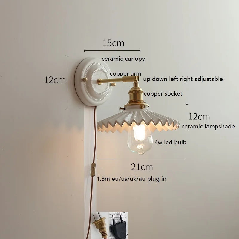Helnys Modern LED Wall Lamp Ceramic Canopy Copper Arm Socket Indoor Light