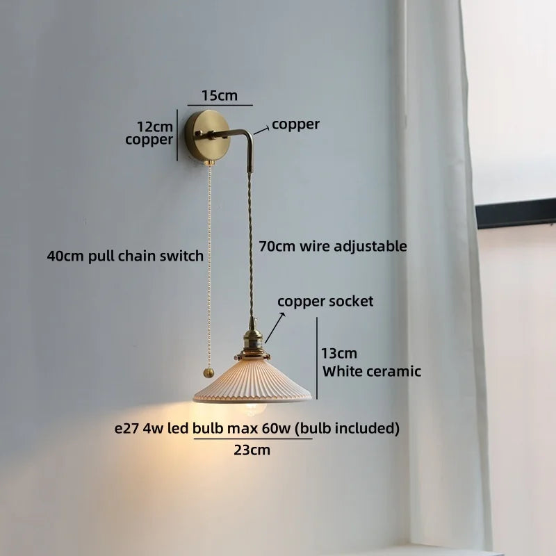 Helnys Ceramic Vintage LED Wall Light Bathroom Round Design Pull Chain Bedside Lamp