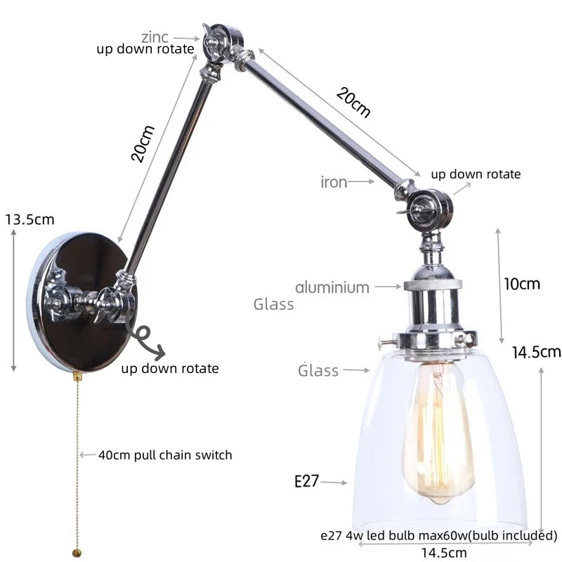 Helnys Chrome Industrial Swing Arm LED Wall Sconce Clear Glass Lamparas De Pared