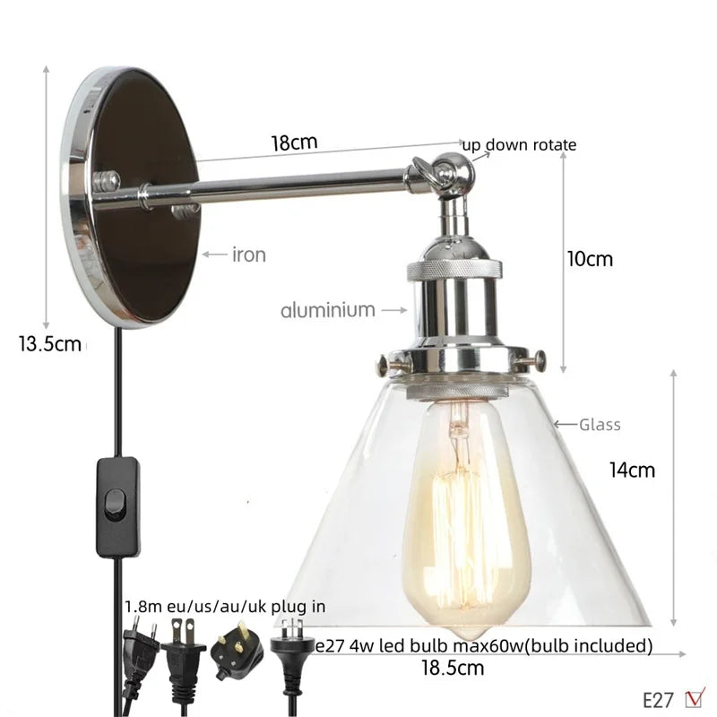 Helnys Clear Glass Iron LED Wall Lamps Stair Light Fixtures Rustic Industrial Vintage