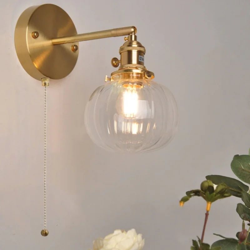 Helnys Nordic LED Wall Light Clear Glass Pull Chain Switch Bedside Lamp