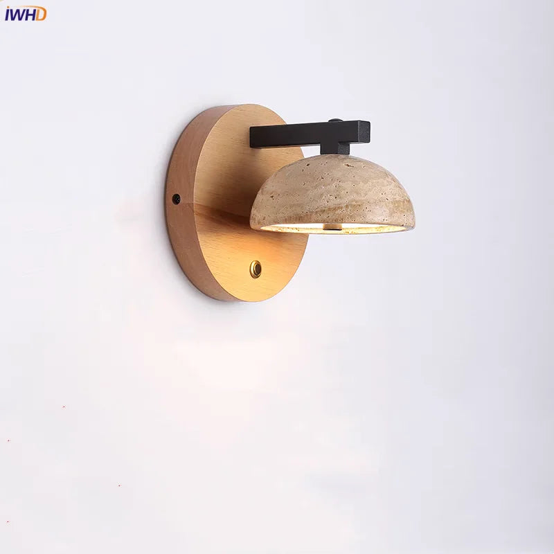 Helnys Black Iron LED Wall Light Fixture Nordic Modern Wood Bedside Lamp