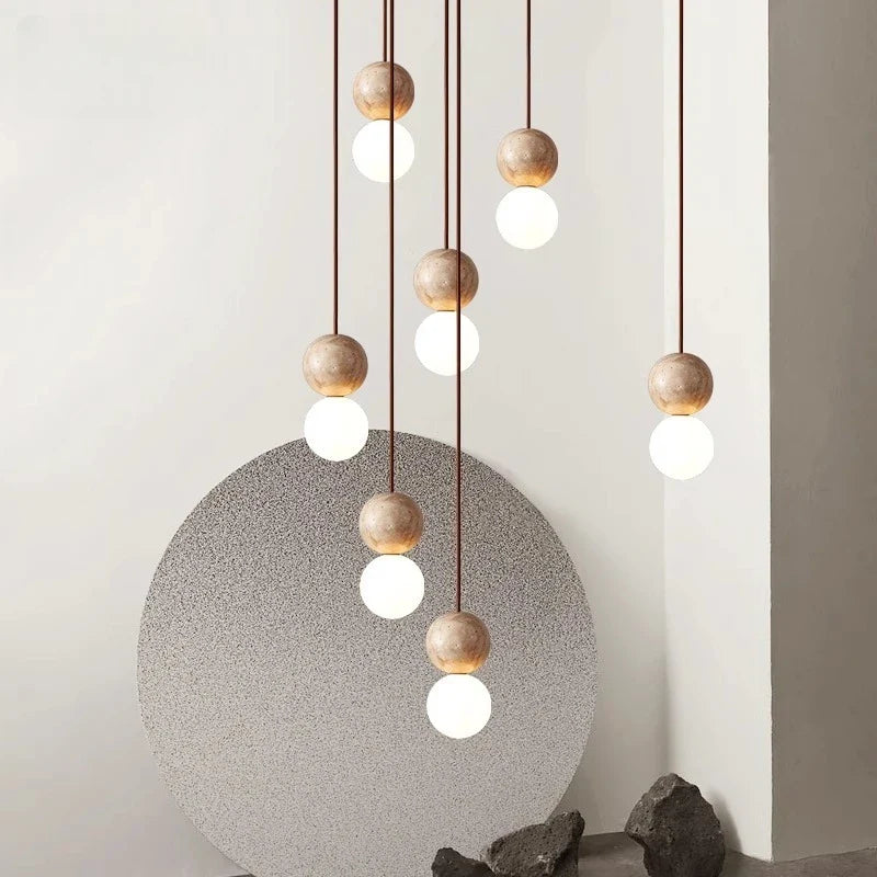Helnys Glass Ball LED Pendant Lamp, Yellow Travertine Industrial Vintage Hanging Luminaria