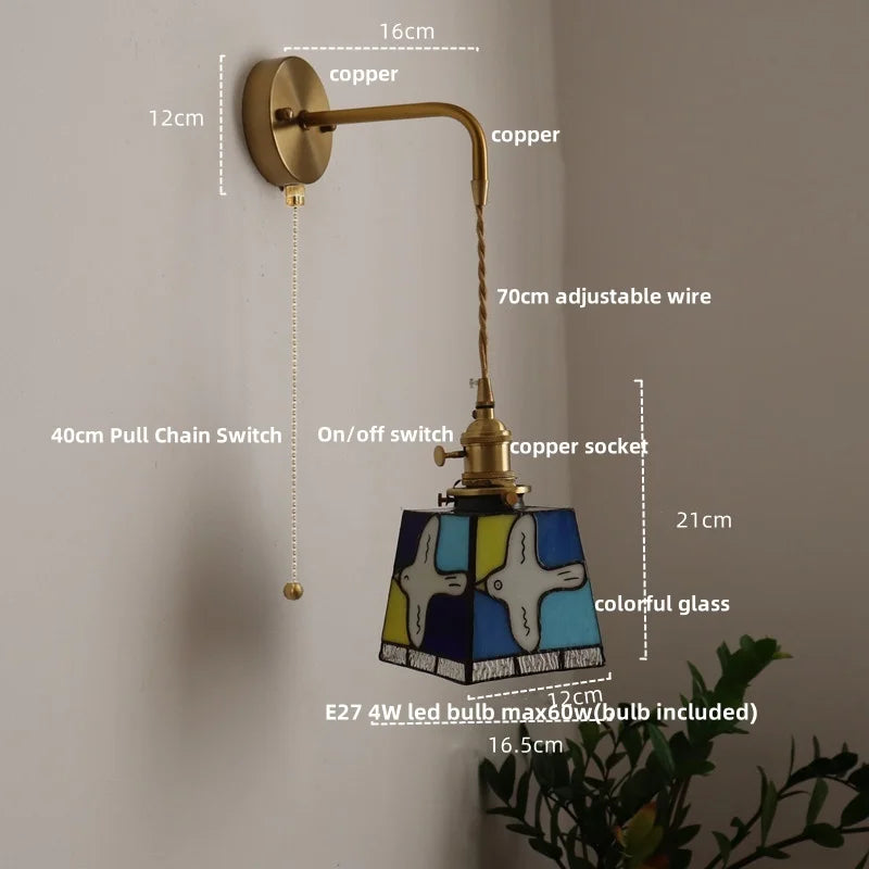 Helnys Tiffany Style LED Wall Sconce with Pull Chain Switch Glass Stair Light