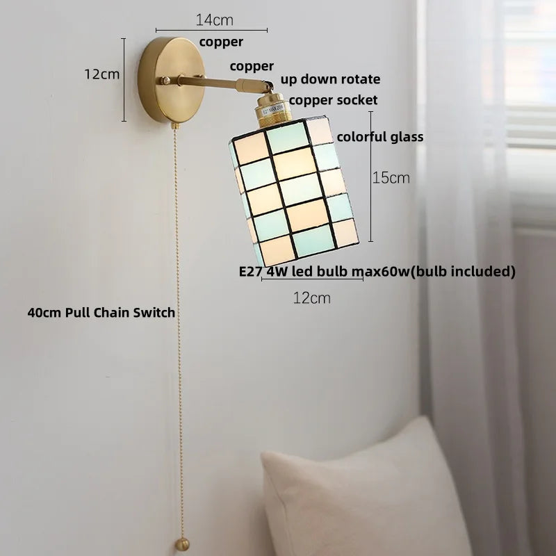 Helnys Flower Glass LED Wall Sconce Pull Chain Switch Rotatable Lamp