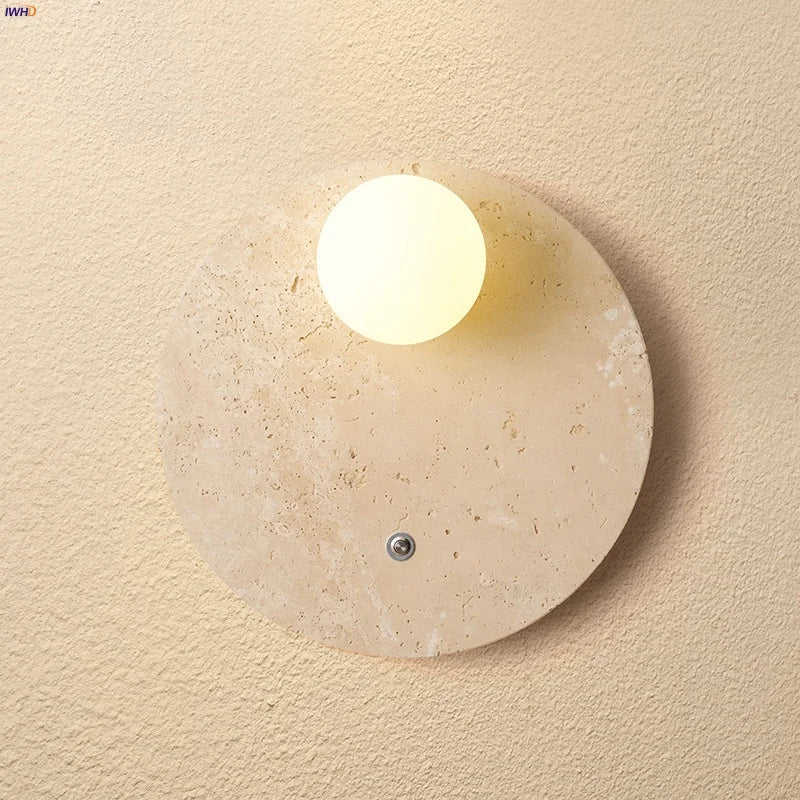 Helnys White Glass LED Wall Lights Yellow Travertine Stone Reading Living Room