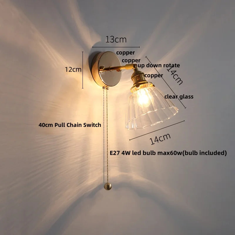 Helnys Rotating Glass Wall Light with Pull Chain Switch & LED - Modern Nordic Design
