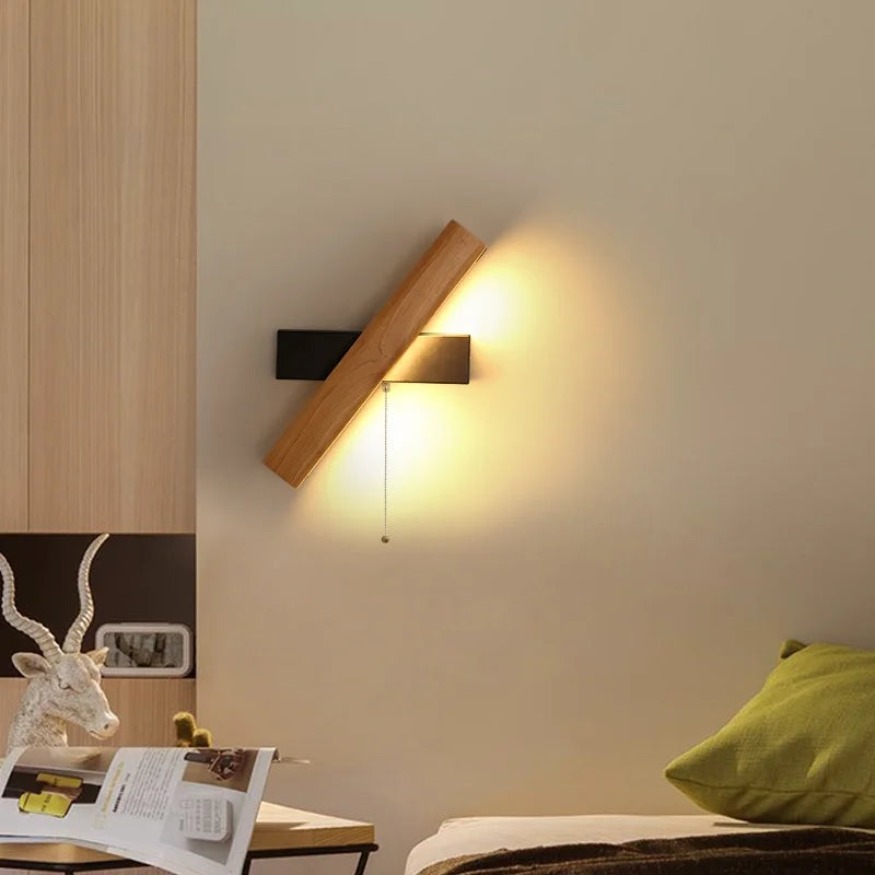Helnys Nordic LED Wall Sconce Pull Chain Switch Wood Modern Stair Light Fixtures