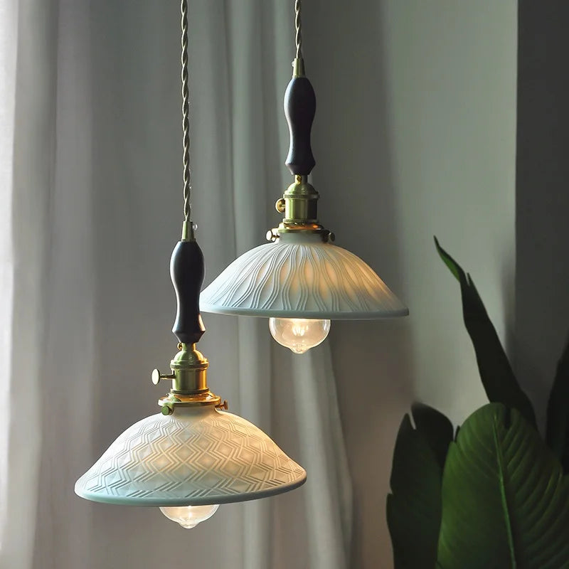Helnys Copper Ceramic LED Pendant Lights Nordic Modern Walnut Wood Hang Lamp