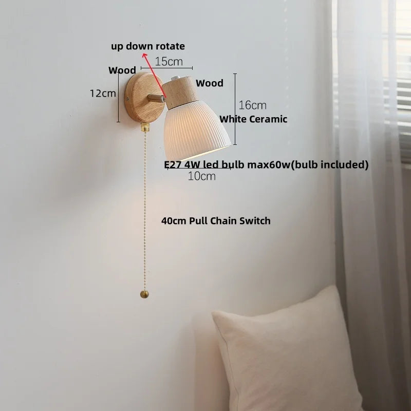 Helnys White Ceramic LED Wall Lights with Pull Chain Switch - Modern Nordic Design