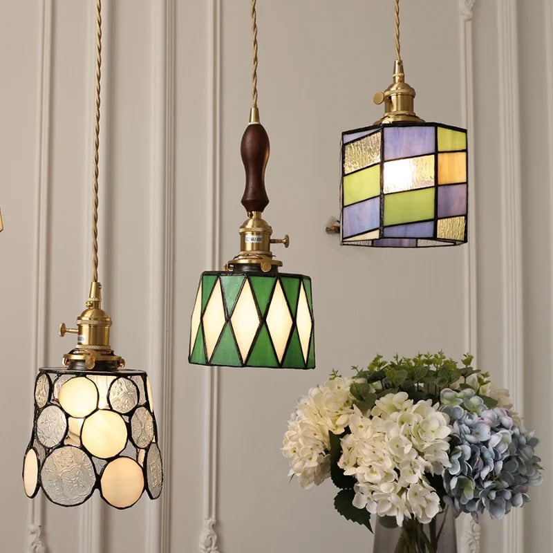 Helnys Green Glass LED Pendant Lamp Coffee Hallway Living Room Vintage Copper