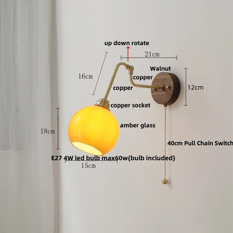 Helnys Amber Glass Wall Lights with Pull Chain Switch and Walnut Canopy