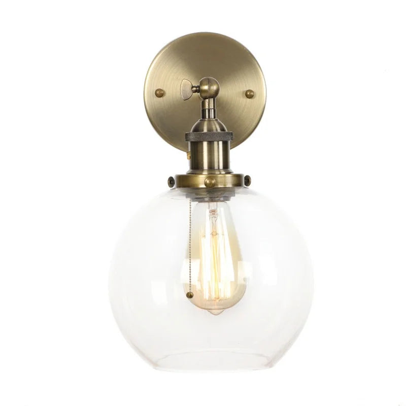 Helnys Glass LED Wall Sconce Industrial Iron Pull Chain Switch Wall Light
