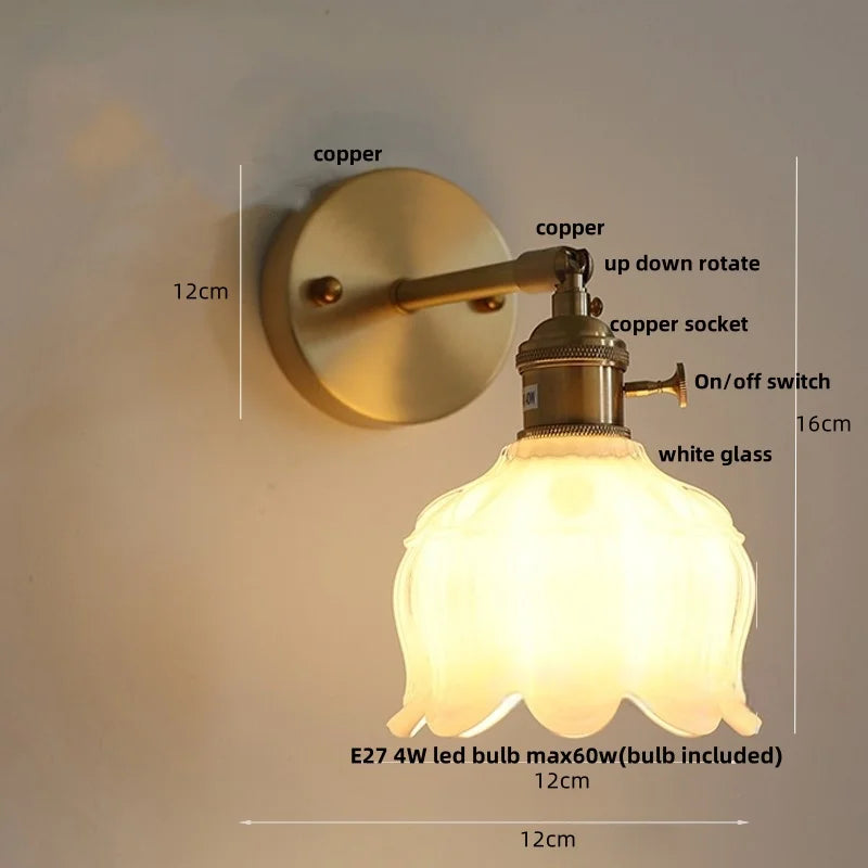 Helnys Copper Rotate LED Wall Light with Pull Chain Switch - Modern Glass Bedside Lamp