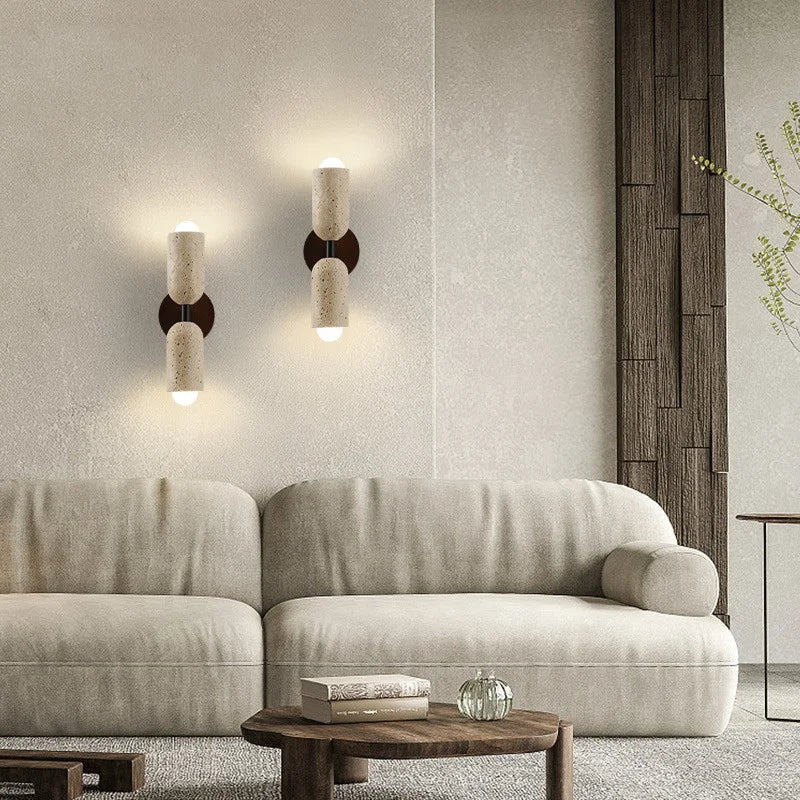 Helnys LED Wall Light Fixture Modern Nordic Design 2 Yellow Travertine Stone Wood Bedside Lamp
