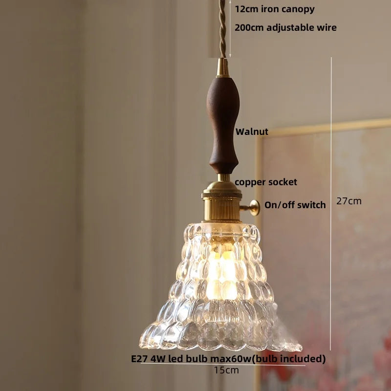 Helnys Glass LED Pendant Lamp Walnut Wood Nordic Modern Hanging Light