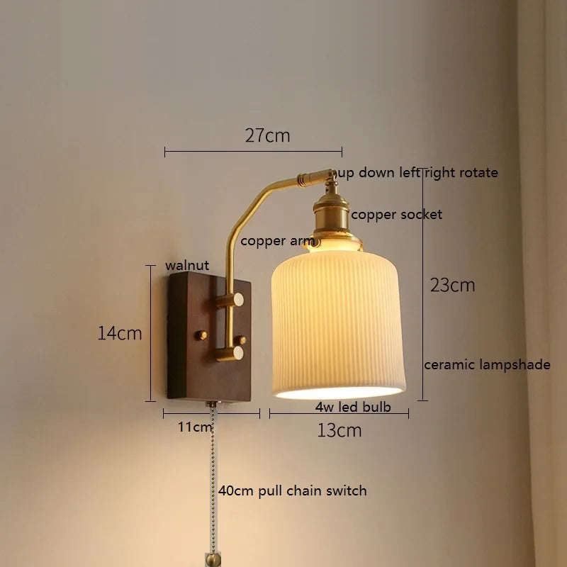Helnys Nordic Copper LED Wall Lights Fixtures Switch Walnut Wall Lamp