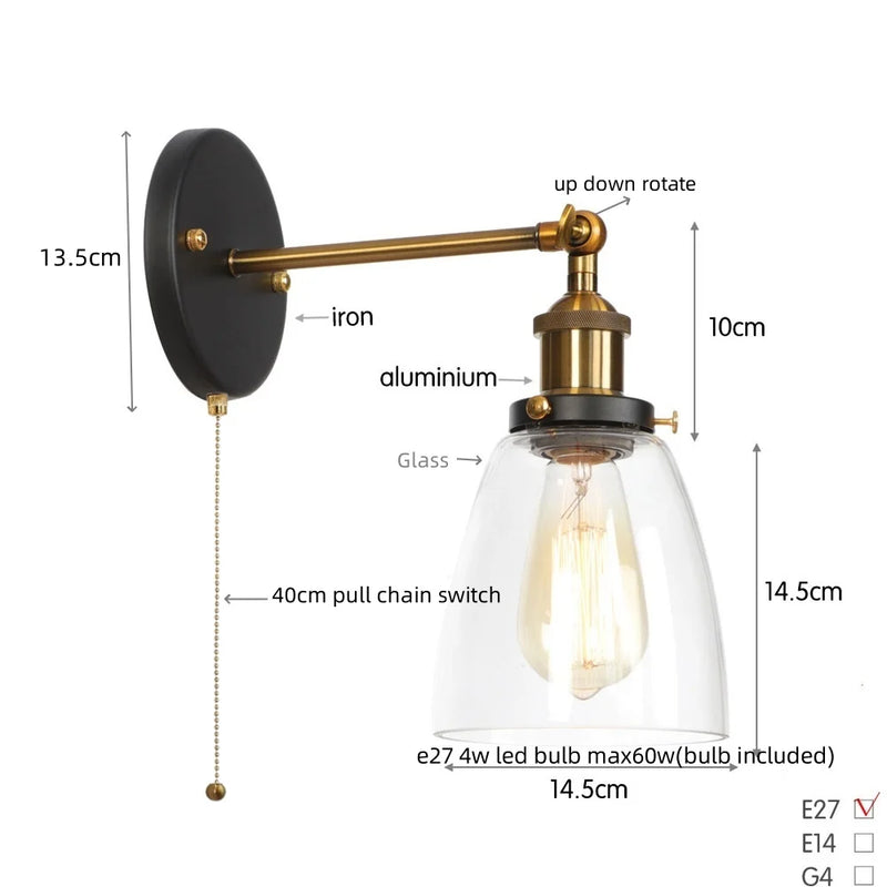 Helnys LED Wall Lamp Single Arm Glass Iron Vintage Retro Stair Light