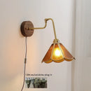 Helnys Green Glass Copper LED Wall Lamp with Pull Chain Switch and Walnut Wood Base