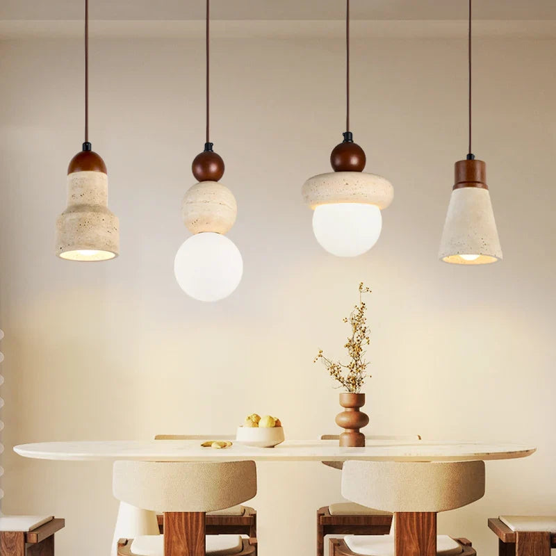 Helnys Ambient LED Pendant Wood Canopy Yellow Travertine Glass Hanging Lamp