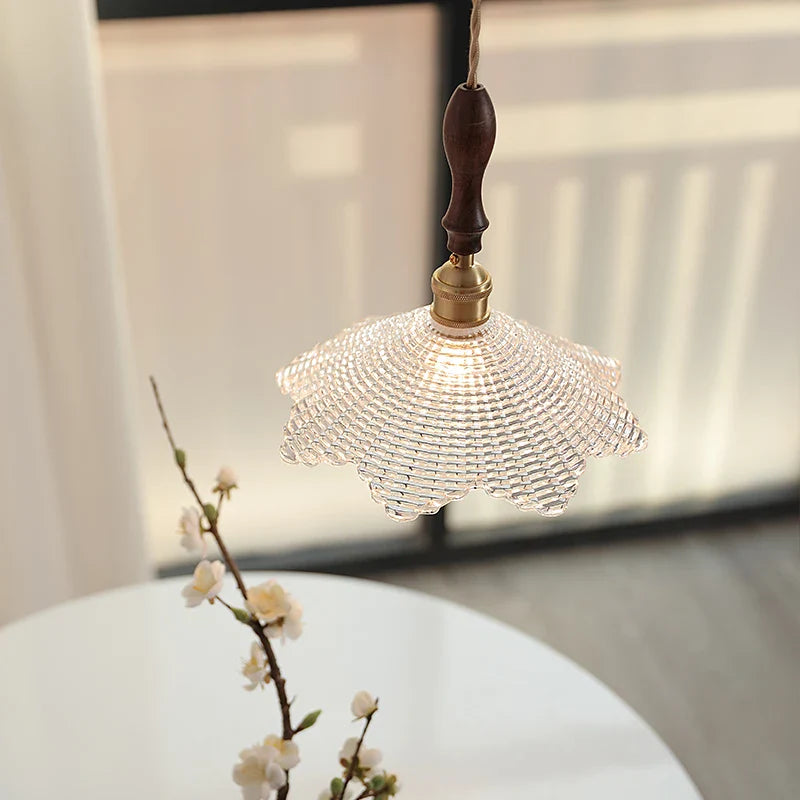 Helnys Nordic Walnut Wood LED Pendant Light Fixture Glass Hang Lamp