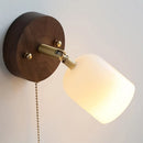 Helnys Nordic Modern Walnut Wood Wall Light with LED, Glass Shade & Pull Chain Switch
