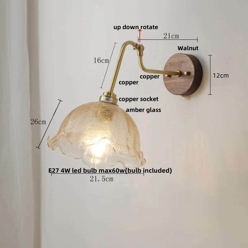 Helnys Amber Glass Wall Lights with Pull Chain Switch and Walnut Canopy