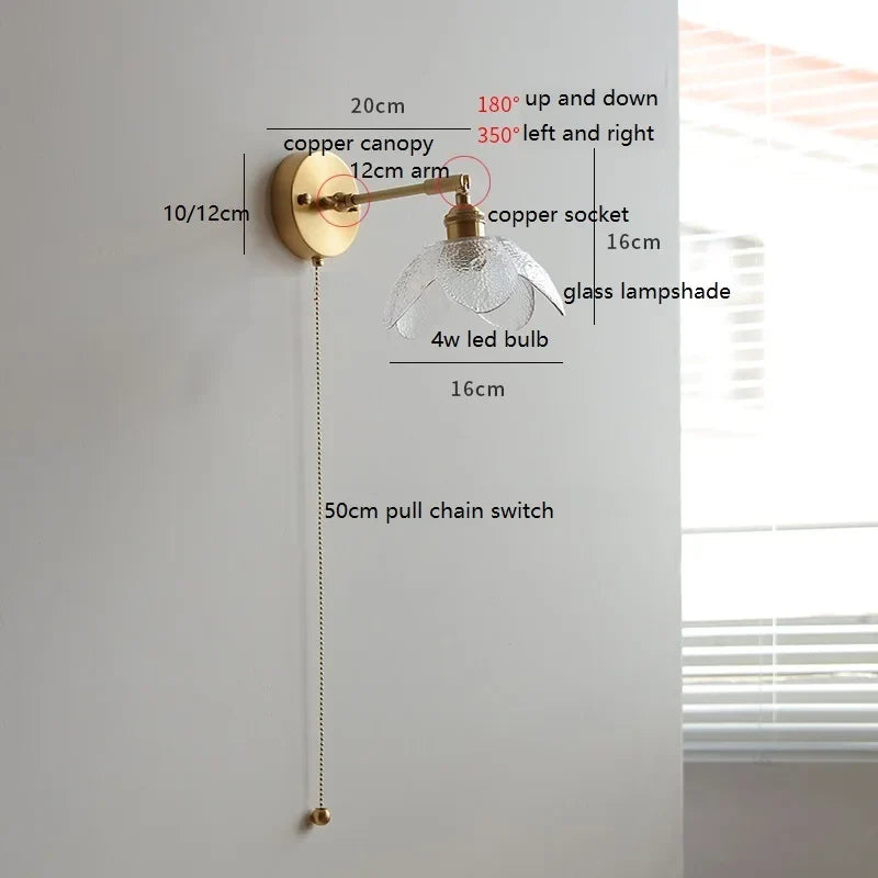 Helnys Nordic Ceramic Copper LED Wall Lamp with Pull Chain Switch, Adjustable for Bathroom Mirror