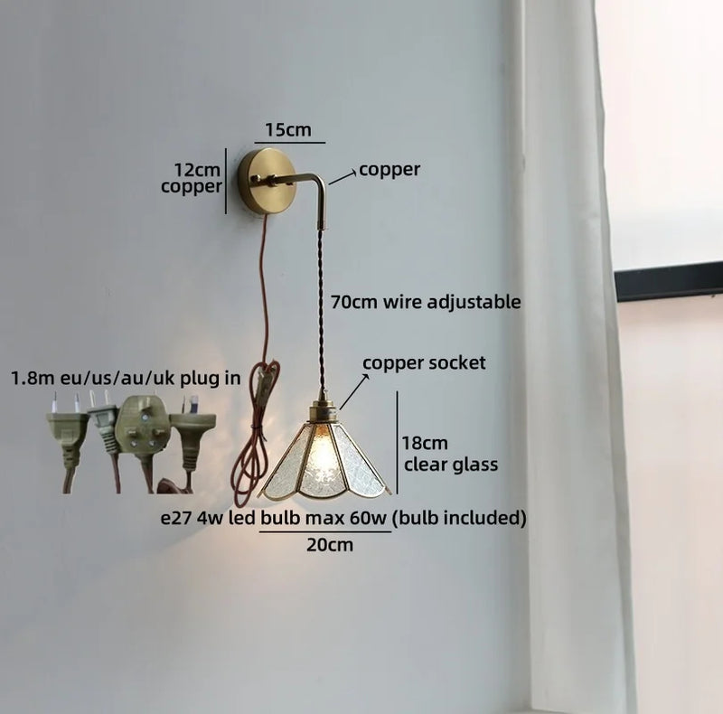 Helnys Brass Glass Shade LED Wall Lamp, Nordic Modern Bathroom Mirror Light