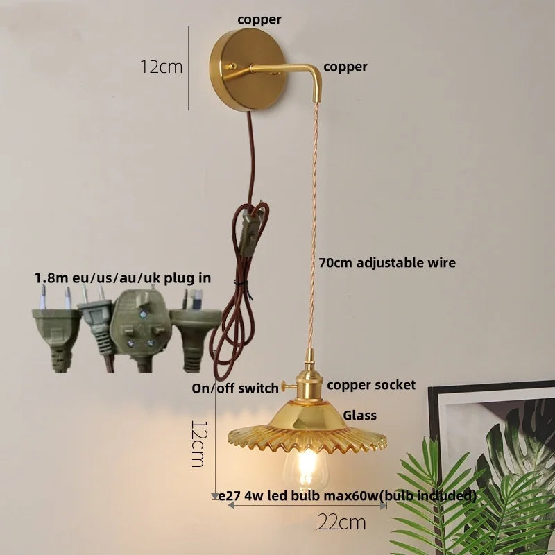 Helnys Glass LED Wall Light Fixture with Adjustable Wire, Pull Chain Switch, Vintage Design