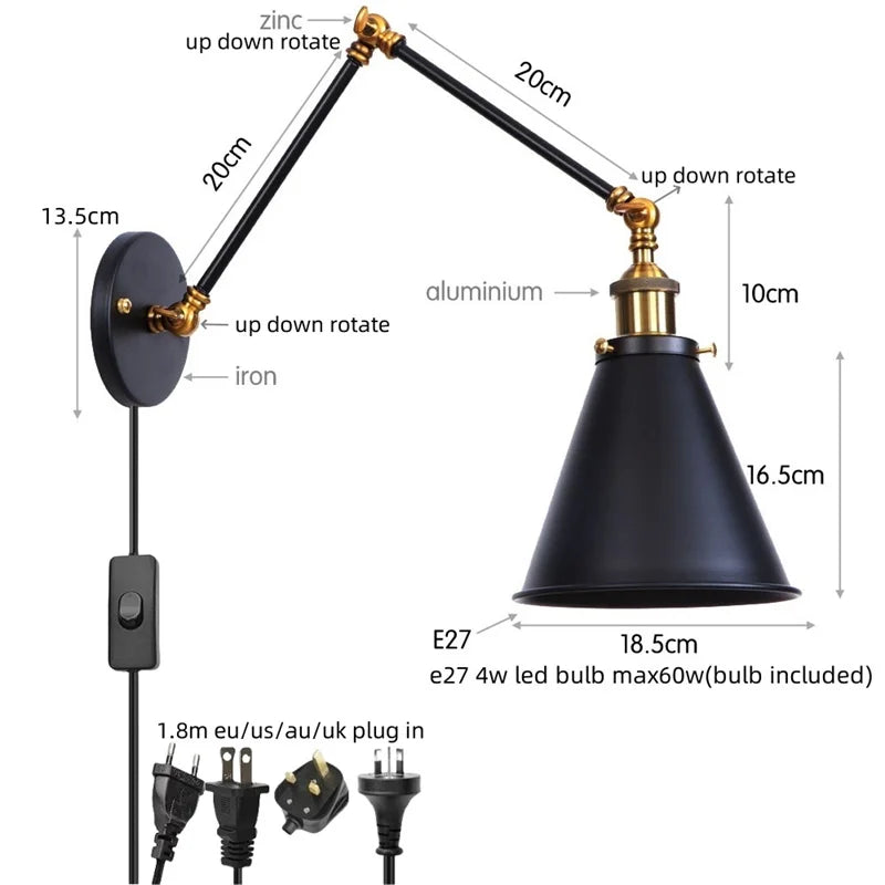Helnys Retro LED Swing Arm Wall Sconce Black Industrial Vintage Loft Lamp