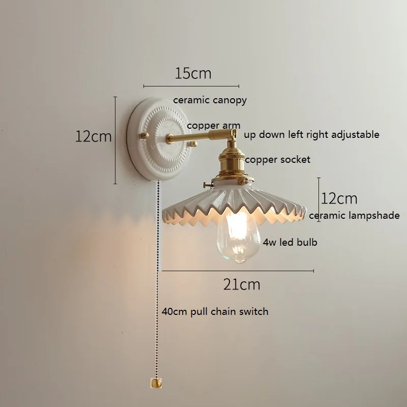 Helnys Modern LED Wall Lamp Ceramic Canopy Copper Arm Socket Indoor Light